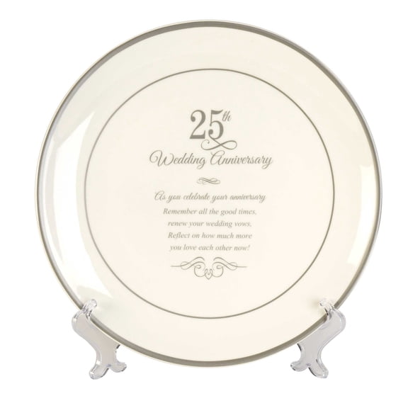 Dicksons 25th Wedding Anniversary Silver Rim 12 inch Porcelain Decorative Plate Stand