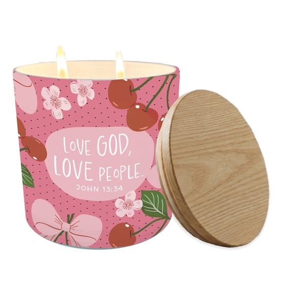 Dicksons 4 x 4.5 inch Inspirational Soy Wax Scented Jar Candle with Wood Lid - John 13:34 'Love God, Love People' Pink Cherry Bow Coquette Aromatherapy Devotional Gift