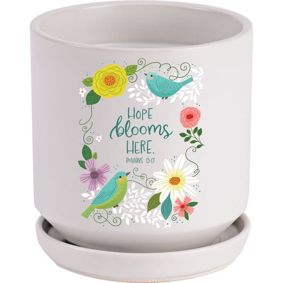 Dicksons 5 x 5.5 inch Ceramic Indoor Planter Pot with Detachable Saucer Base - 'Hope Blooms Here' Romans 15:13 Pastel Bird & Floral Wreath Flowerpot, Christian Faith Gardening Gift