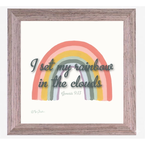 Dicksons 7 x 7 inch Inspirational Genesis 9:13 Drifting Driftwood Wood Block Sign - 'I Set My Rainbow in the Clouds' Pastel Watercolor Rainbow Art Plaque, Christian Faith Decor Accent