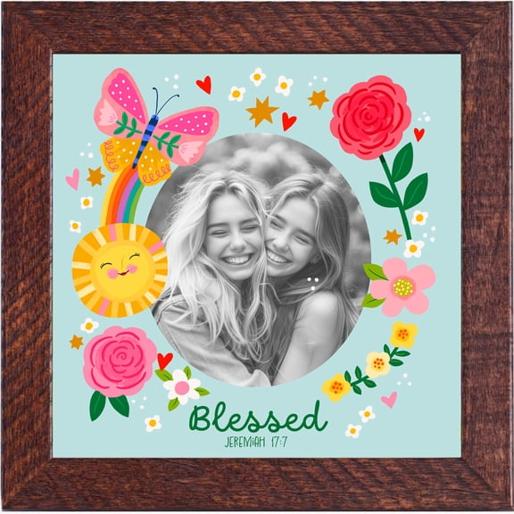 Dicksons 9 x 9 inch Inspirational Wooden Picture Frame - 'Blessed' Jeremiah 17:7 Pink Floral Border Photo Frame, Traditional Walnut Tabletop Home Decor Plaque