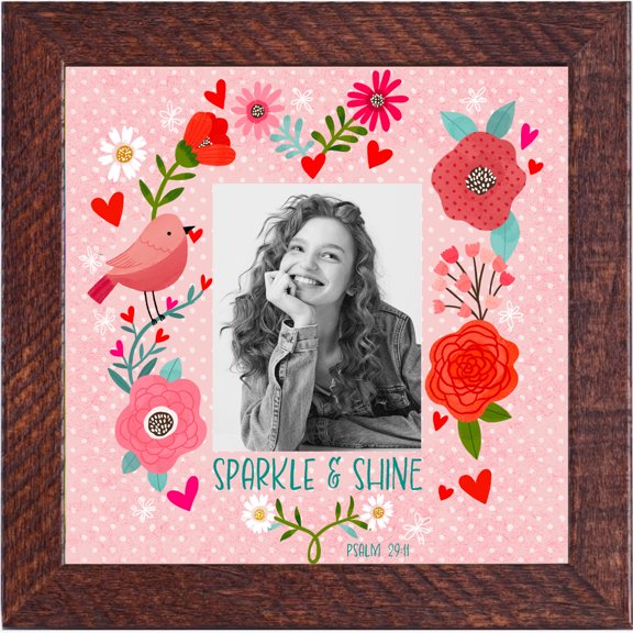 Dicksons 9 x 9 inch Inspirational Wooden Picture Frame - 'Sparkle & Shine' Psalm 29:11 Pink Floral Border Photo Frame, Christian Faith Tabletop Home Decor Plaque