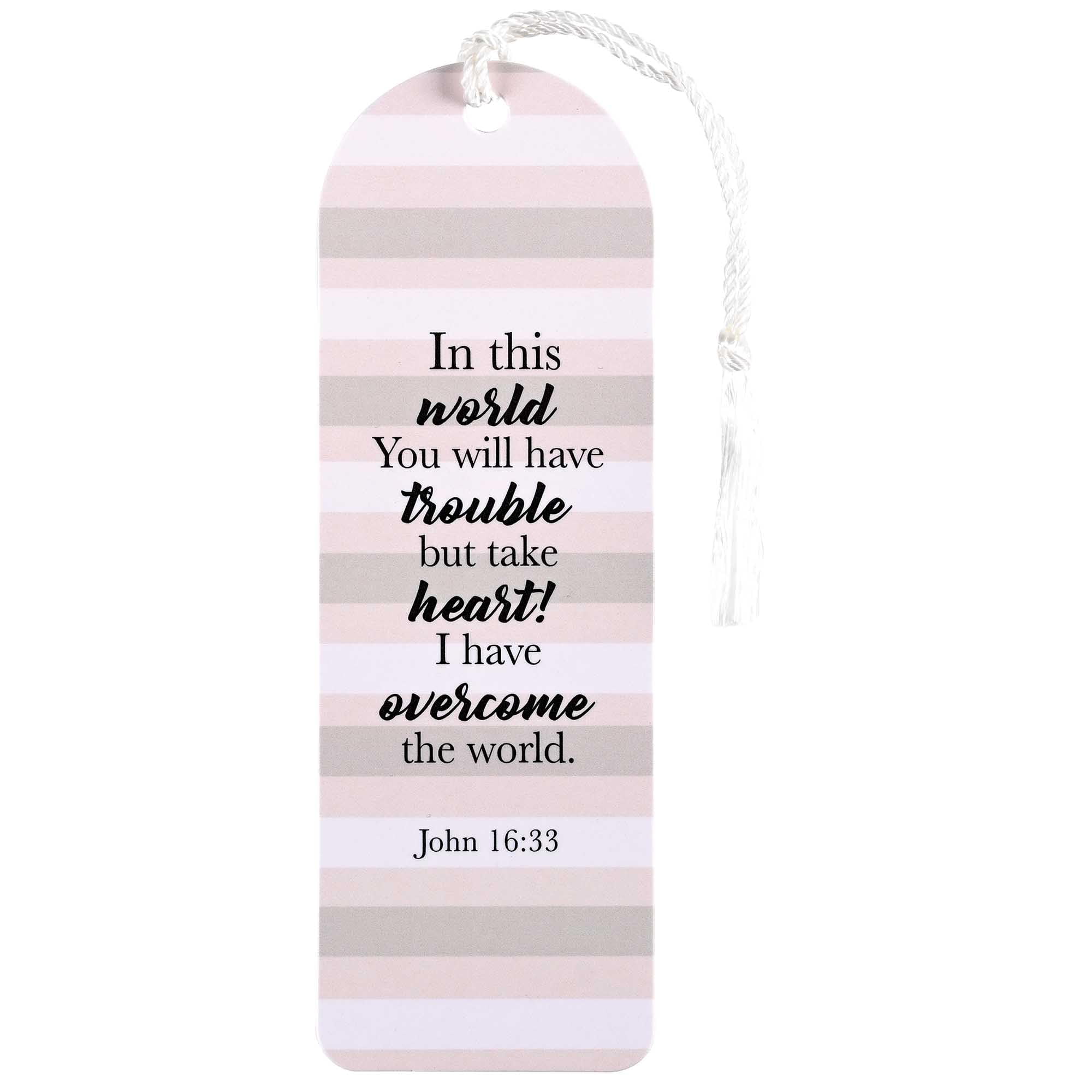 Dicksons BKMTL-523 Take Heart I Have Overcome The World Striped Pink and Grey 2 x 6 Paper and Tassel Curved Top Encouraging Tassel Bookmark, Pack of 12