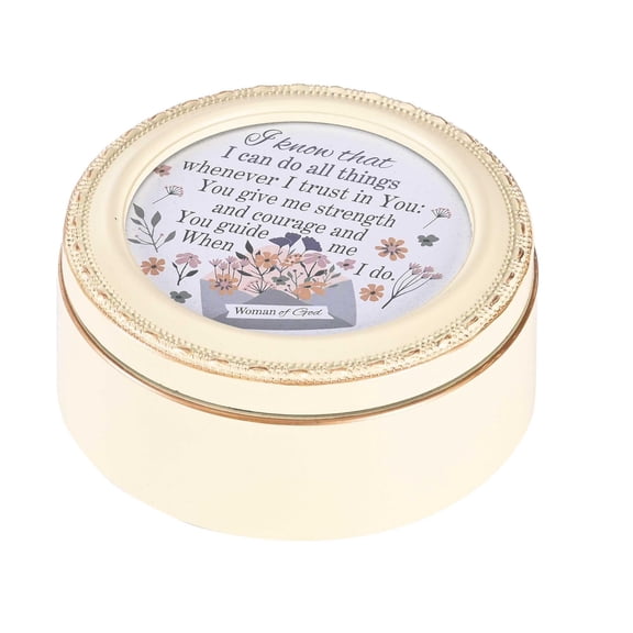 Dicksons BOXIVJB-101 Woman Of Faith I Can Do All Things Redeemed By Grace Ivory 4.75 x 4.75 Plastic Delicate Dotted Lid Distressed Finish Round Keepsake Jewelry Storage Box With Photo Art Frame