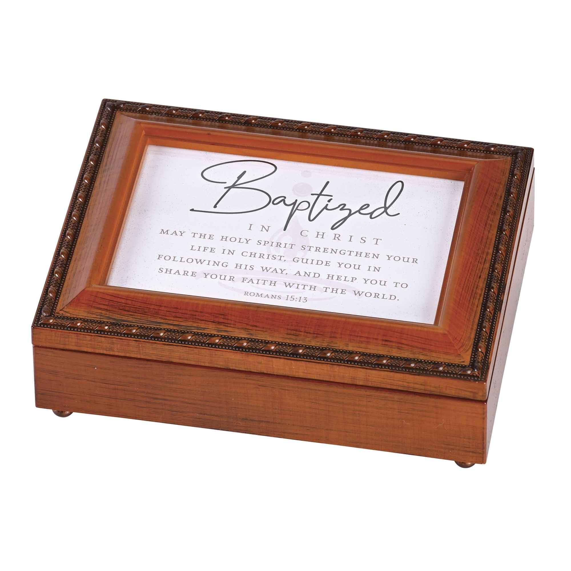 Dicksons BOXMBWG-113 Baptized Guide You Help You Share Your Faith Woodgrain Plastic Hinged Lid Velvet Lined Keepsake Jewelry Storage Musical Box Holds 4 x 6 Photo Plays Tune Amazing Grace
