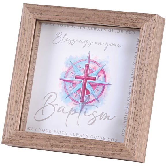 Dicksons Baptism Framed Tabletop Decor 7 x 7 Inch  Blessings on Your Baptism Pink Cross Compass Sign for Baptism, Christening, Confirmation  Faith Shelf & Desk Decor