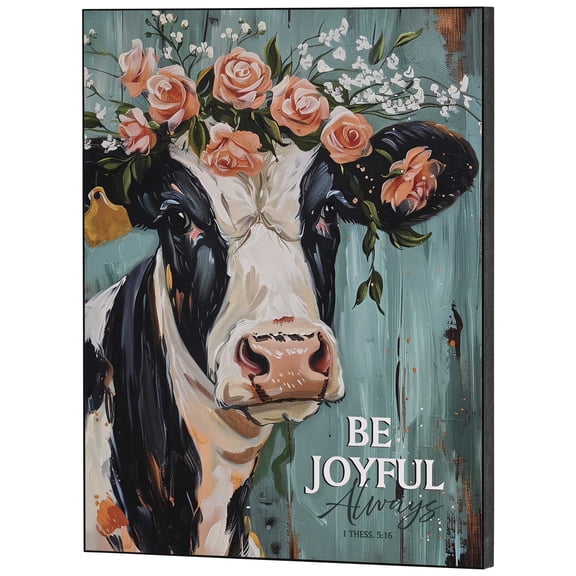 Dicksons Black and White Cow - Be Joyful Always 1 Thessalonians 5:16 MDF Decorative Wall Plaque 14 x 11 Inch