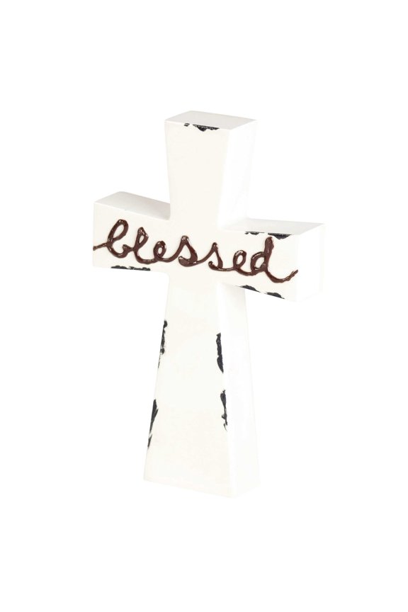 Blessed Distressed White Enamel Look 7 inch MDF Tabletop Cross