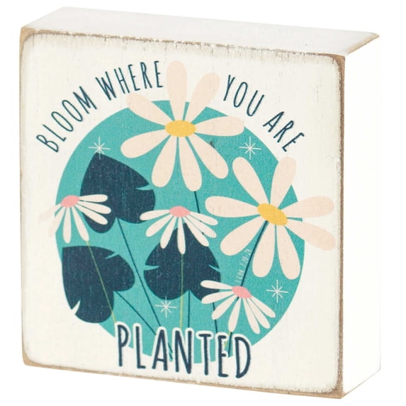 Dicksons Bloom Where You Are Planted Blue and White 3 x 3 Inch Wood Table Top Block Sign