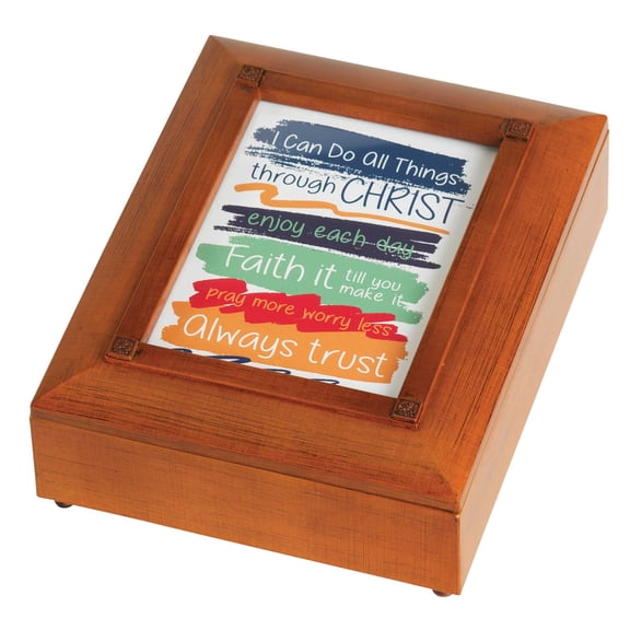 Dicksons Can Do All Things Through Christ Walnut Finish Polymer Jewelry Box