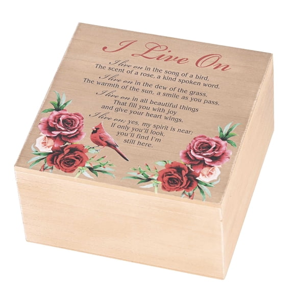 Dicksons Cardinal - I Live On, Brown/Red 9.38 Inch MDF Wood Keepsake Remembrance Box