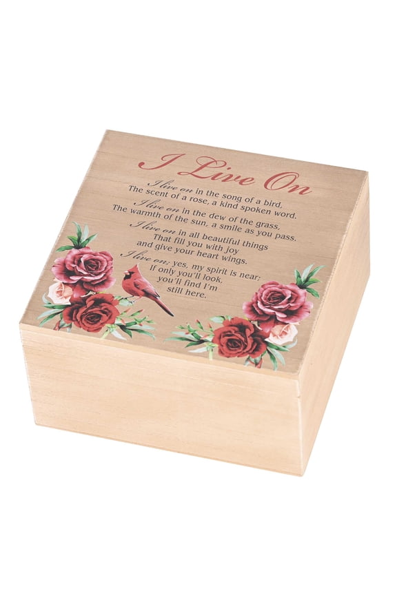 Cardinal - I Live On, Brown/Red 9.38 Inch MDF Wood Keepsake Remembrance Box