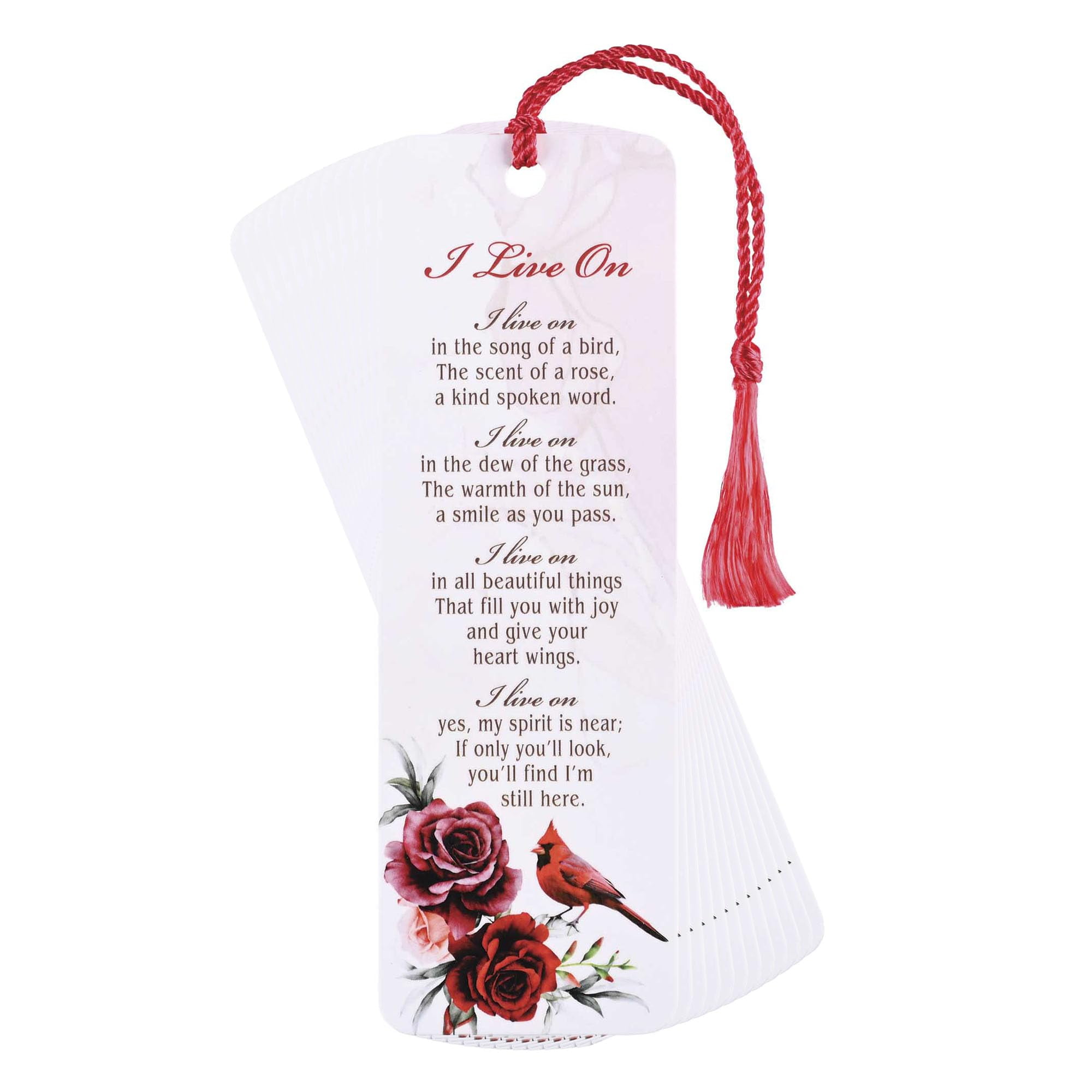 Dicksons Cardinal Roses - I Live On, White/Red 6 x 2 Inch Laminated Cardstock Tassel Bookmark; Pack of 12