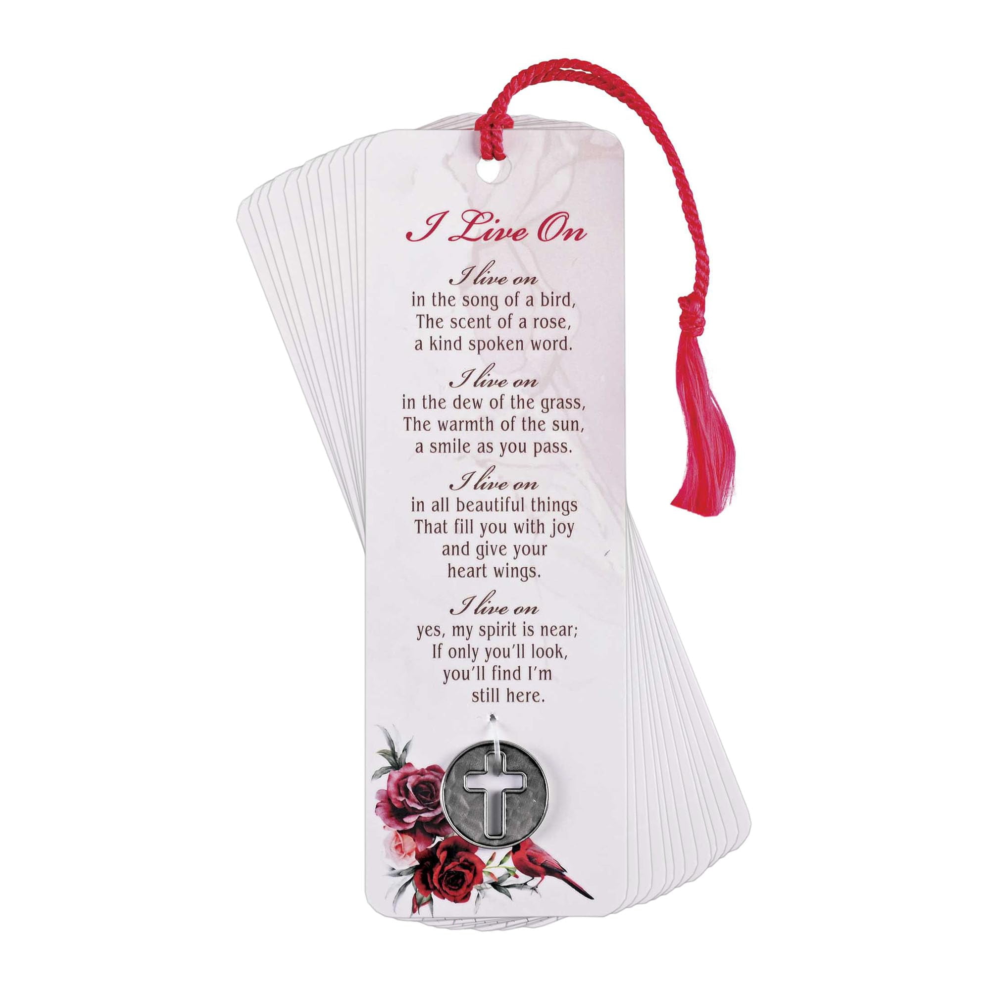 Dicksons Cardinal and Roses - I Live On, Red/White 6 x 2 Inch Paper Tassel Bookmark with Coin; Pack of 15