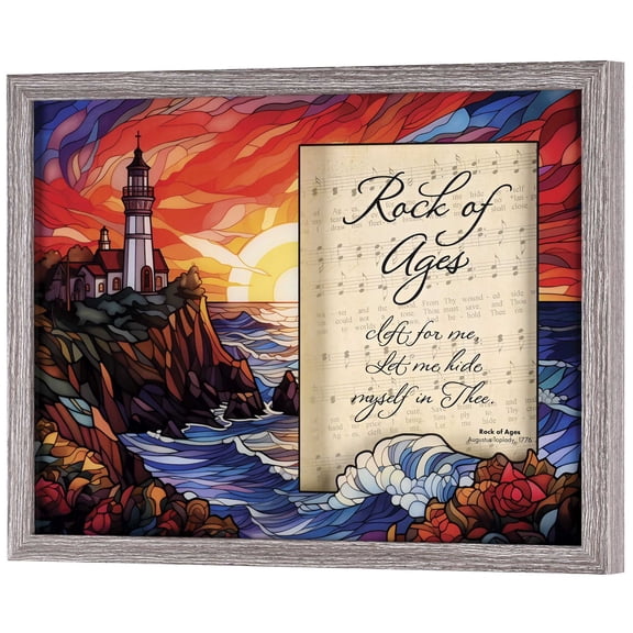 Dicksons, Classic Hymns, Inspirational Christian, 17 x 13 inch Woodgrain Frame, Stain Glass Look, Shadow Box, Wall Hanging or Shelf Decor, Rock of Ages