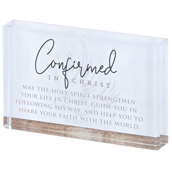 Dicksons Confirmed In Christ - Share Your Faith With The World - Romans 15:13 - 4 x 2.5 Inch White Glass Confirmation Tabletop Block Sign