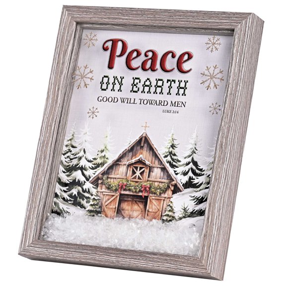 Dicksons Decorative Christmas Frame Hanging Wall or Tabletop Sign 9 x 11 Inch MDF Cabin In Snow Peace On Earth