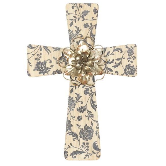Dicksons Delicate Pastoral Floral Filigree 15.75 x 11 Metal Wall Cross Decoration With Metal Flower Applique