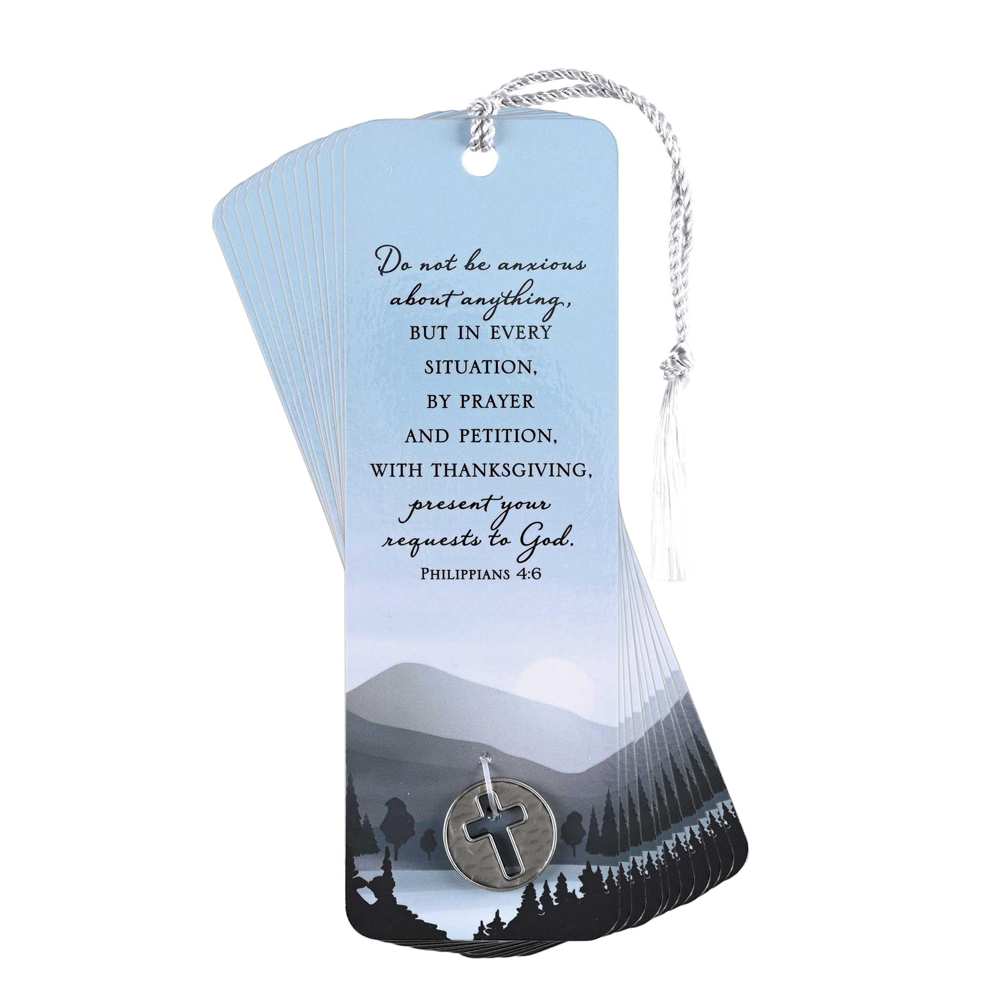 Dicksons Do Not Be Anxious - Philippians 4:6, Blue 6 x 2 Inch Paper Tassel Bookmark with Coin; Pack of 15