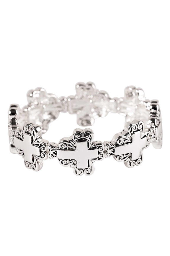 Elegant Multi-Filigree Cross Stretch Bracelet for Women Silver-Tone Ornate Bangle Continuous Pattern Religious Faith Jewelry