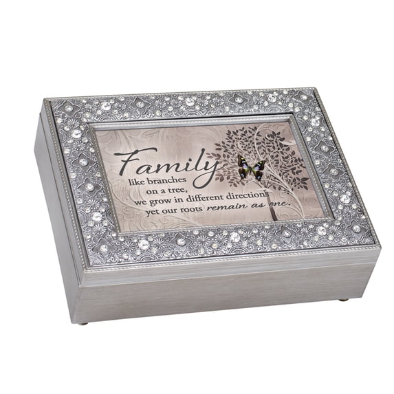 Family Roots Remain As One Filigree Jewel Bead Silver Tone Music Box Plays Canon D