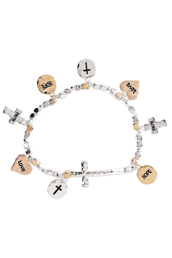 Faith Hope Love Engraved Charm Bracelet for Women Silver & Gold Tone Beads with Cross, Heart & Disc Charms | Inspirational Stretch Jewelry Giftable