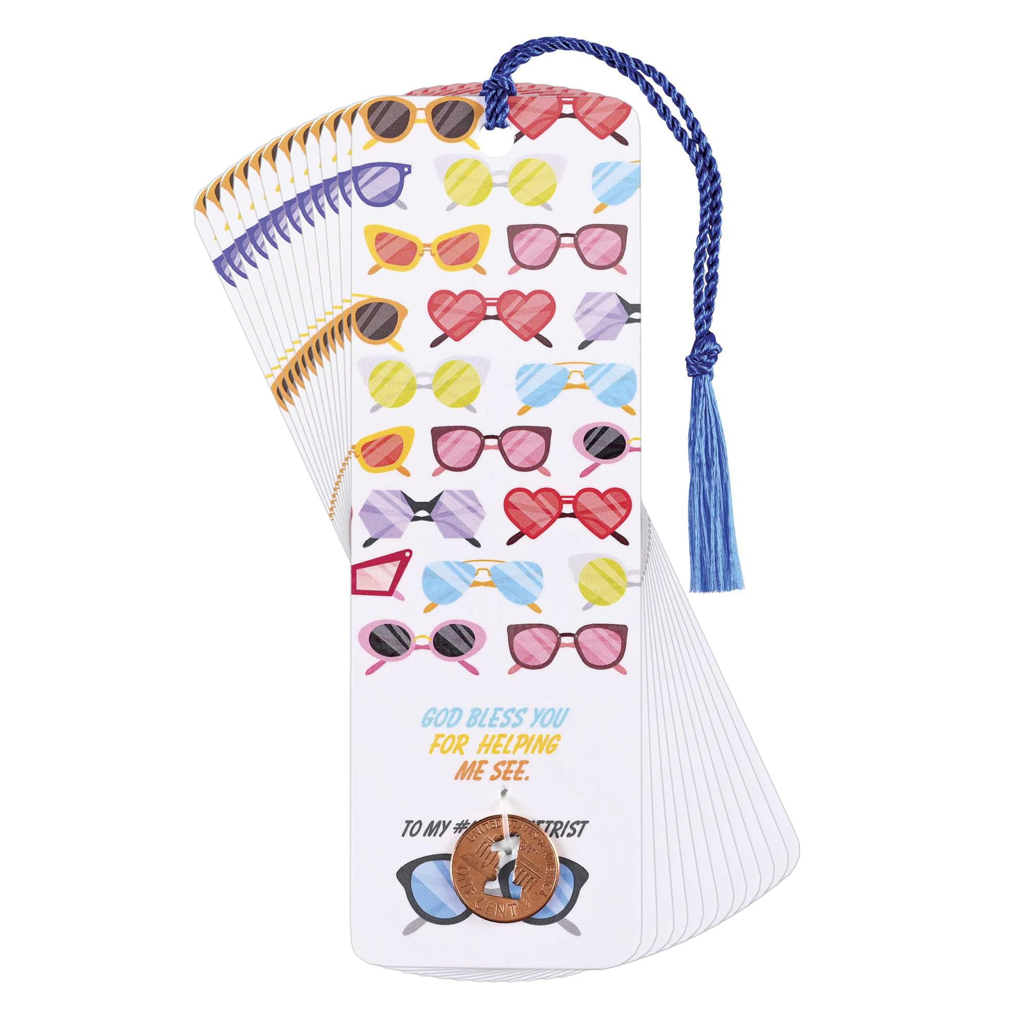Dicksons God Bless You - to My #1 Optometrist, Multicolor 6 x 2 Inch Paper Tassel Bookmark with Coin; Pack of 15