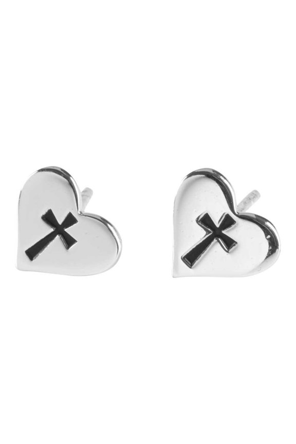 Heart Shape with Cutout Flare Cross Design Silver-Plated Stud Post Earrings