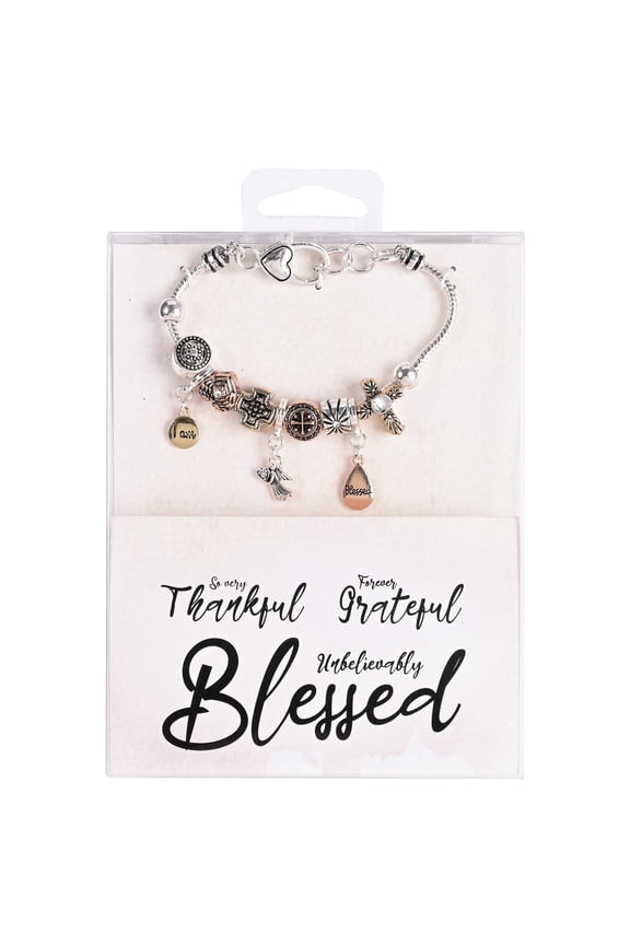 I Am Blessed 7 + 1 Inch Extension Silver, Gold and Rose Gold Tri-Plated Stainless Steel Women's Inspirational Dangle Charm Bracelet