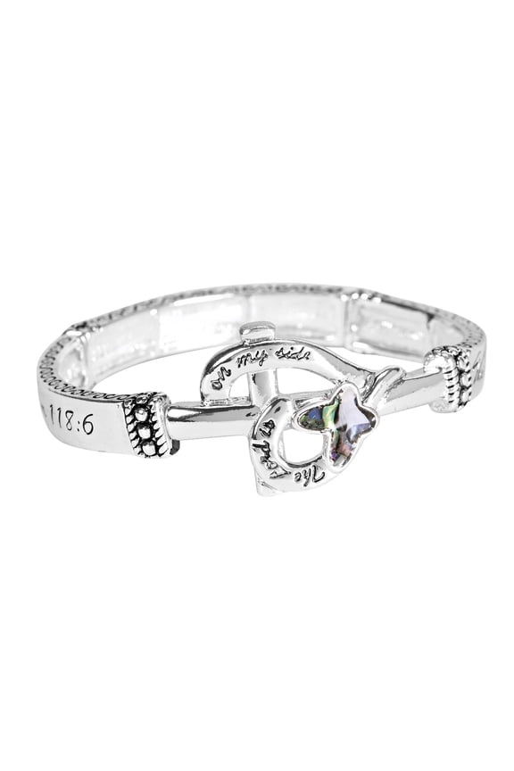 I Will Not Fear Engraved Verse Heart Butterfly Abalone Stone Women's One Size Silver Plated Stainless Steel Everyday Four-Tile Stretch Bracelet