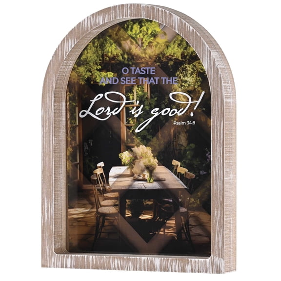 Dicksons Inspirational Christian Wall Hanging Rustic Farmhouse Arched Window Wall Dcor 11 x 15 Inch Glass With Distressed Wood Frame See That the Lord Is Good