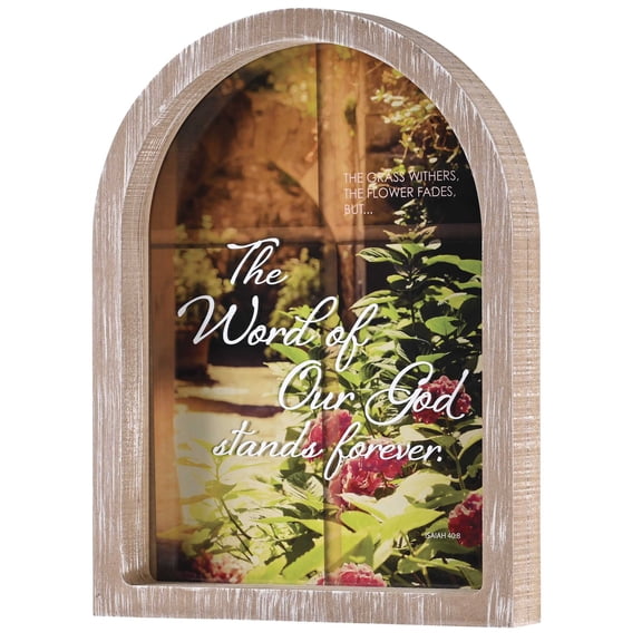 Dicksons Inspirational Christian Wall Hanging Rustic Farmhouse Arched Window Wall Dcor 11 x 15 Inch Glass With Distressed Wood Frame Word Of Our God Stands Forever