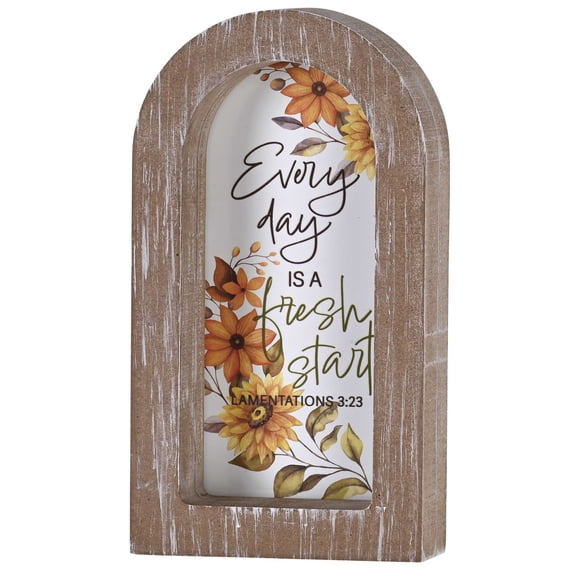 Dicksons Inspirational Christian Wall Hanging Rustic Farmhouse Arched Window Wall Dcor 5 x 8 Inch Glass With Distressed Wood Frame Everyday Is a Fresh Start