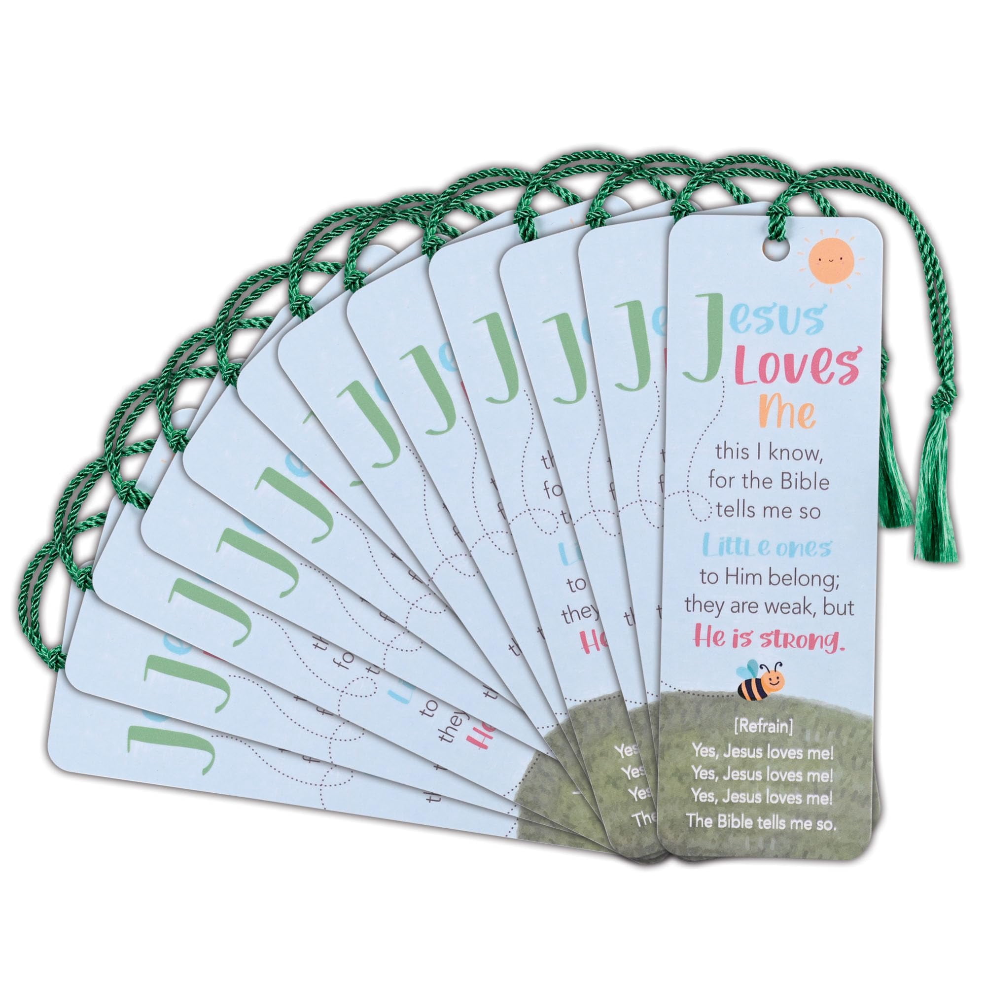 Dicksons Inspirational Christian Youth Tassel Bookmark for Books, Bible Study, & Journals 2 x 6 Inch Paper Bee Jesus Loves Me Hymn Pack of 12