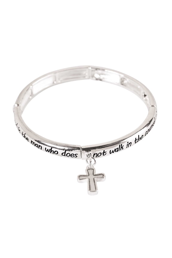 Inspirational Engraved Scripture Stretch Bracelet for Women Silver-Tone Bangle with Cross Charm Religious Faith Jewelry
