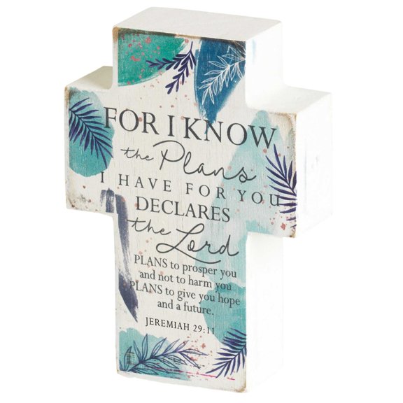 Dicksons Know The Plans I Have For Your Blue Floral 4 inch MDF Table Top Cross