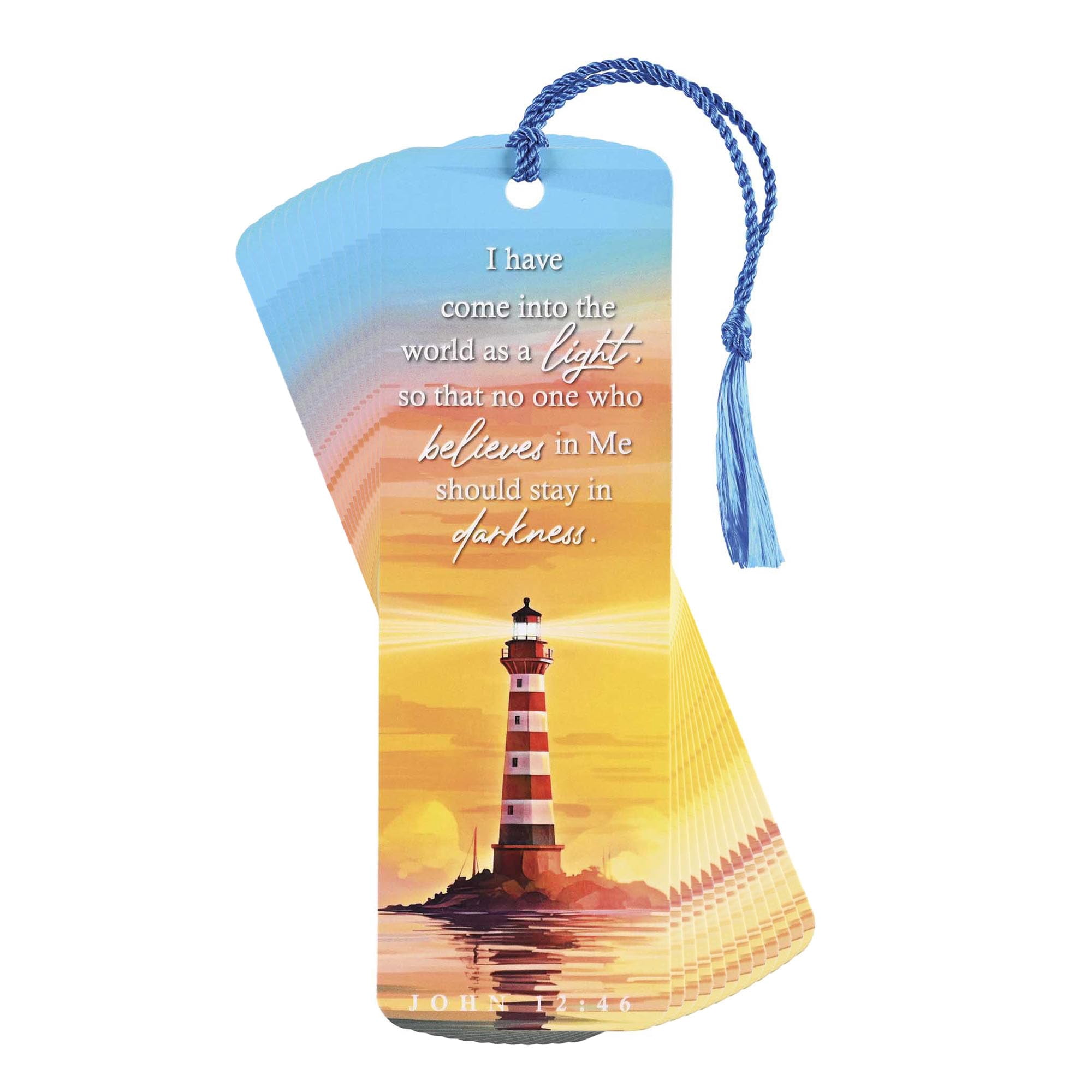 Dicksons Lighthouse - John 12:46, Multicolor 6 x 2 Inch Laminated Cardstock Tassel Bookmark; Pack of 12
