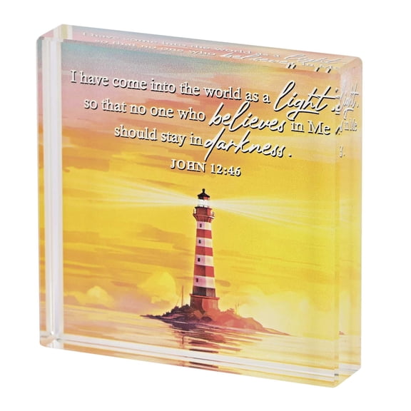 Dicksons Lighthouse, Light Believes Darkness, John 12:46, Multicolor 3 x 3 Inch Glass Tabletop Sign Plaque,