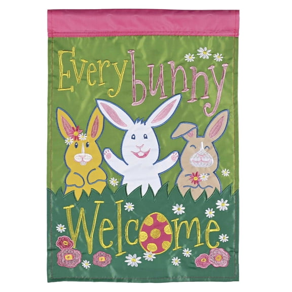 Dicksons Magnolia Garden Easter 18 x 13 Inch Weather Resistant Polyester Outdoor Flag Decoration For Garden, Yard, Or Walkway, Green, Yellow, & Pink, Every Bunny Welcome