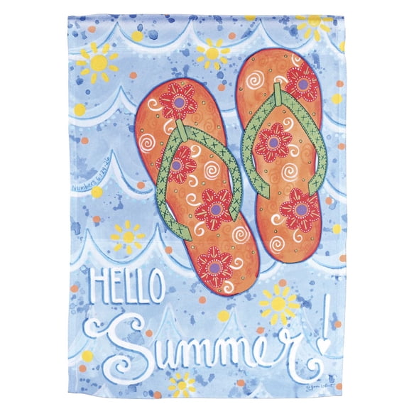 Dicksons Magnolia Garden Flip Flops 18 x 13 Inch Weather Resistant Polyester Outdoor Flag Decoration For Garden, Yard, Or Walkway, Blue, Orange, & Yellow, Hello Summer