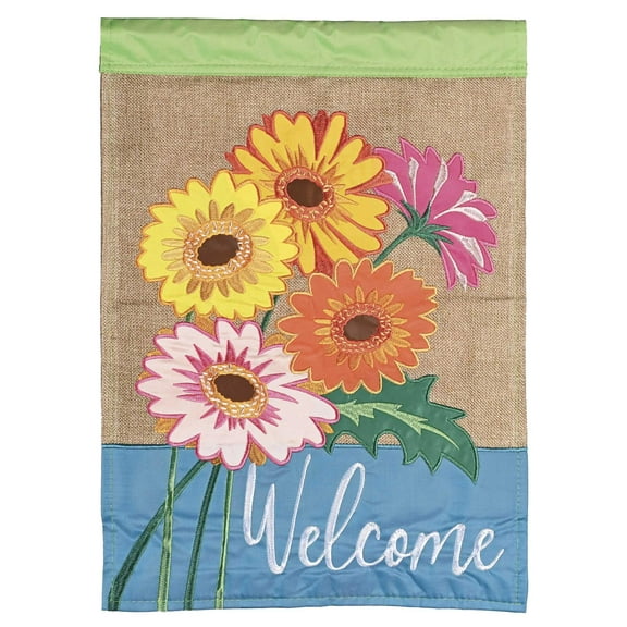 Dicksons Magnolia Garden Welcome Gerber Daisies Burlap Floral Blue 42 x 29 Polyester Outdoor Garden Flag