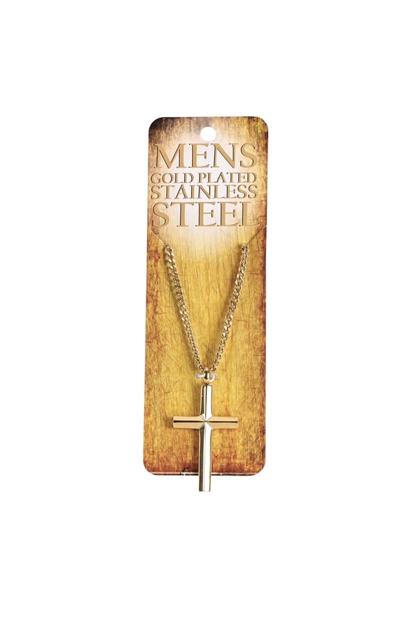 Man of God Bevel Box Cross Pendant Men's 24 Inch Gold Plated Stainless Steel Everyday Necklace on Display Card