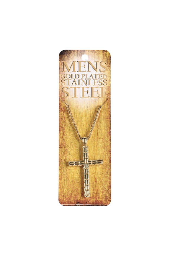 Man of God Stitched Texture Box Cross Pendant Men's 24 Inch Gold Plated Stainless Steel Everyday Necklace on Display Card