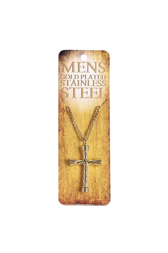 Man of God Twisted Rope Cross Pendant Men's 24 Inch Gold Plated Stainless Steel Everyday Necklace on Display Card