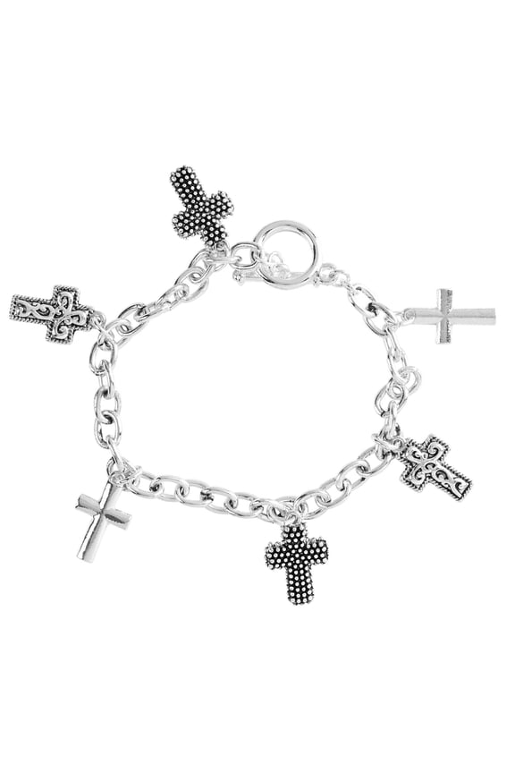 Multi-Cross Charm Bracelet for Women Assorted Silver Tone Crosses on Oval Link Chain with Toggle Clasp | Elegant Christian Jewelry Giftable
