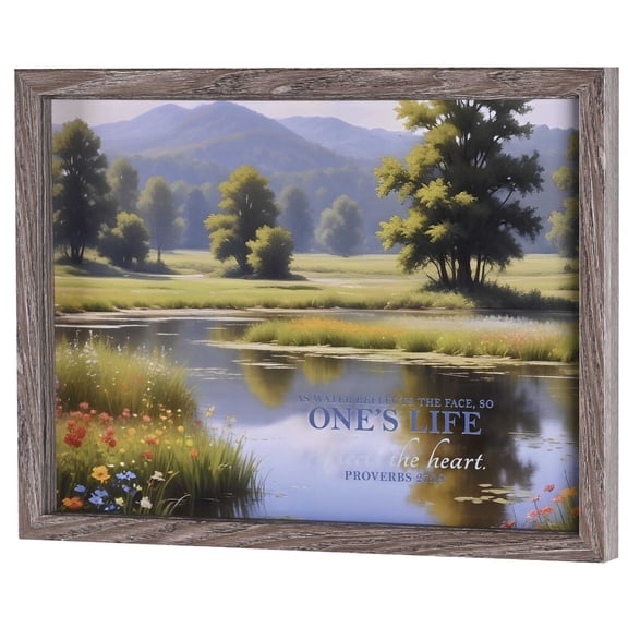 Dicksons Ones Life Reflects The Heart - Proverbs 27:19 - 13 x 17 Inch Brown MDF Wood and Glass Shadowbox Block Sign