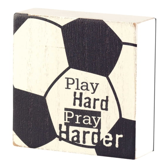 Dicksons Play Pray Harder Soccer Black White 3 x 3 MDF Table Top Block Sign
