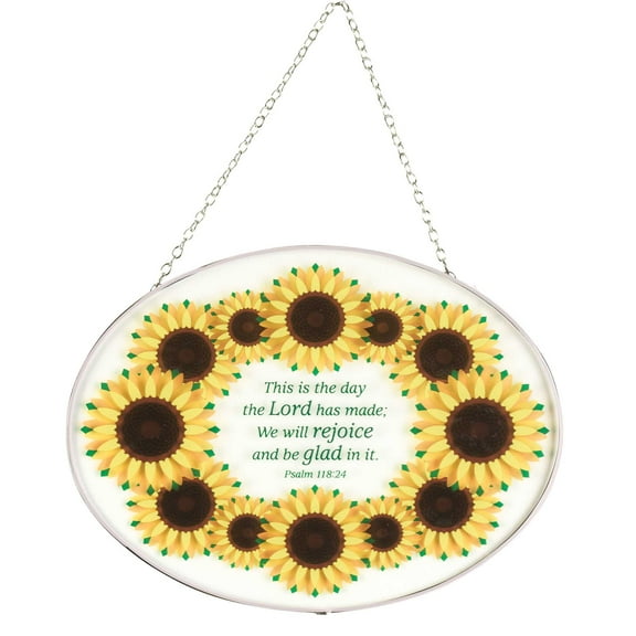 Dicksons Rejoice and Be Glad Yellow and Brown 9 Inch Glass Sun Catcher with Suction Cup