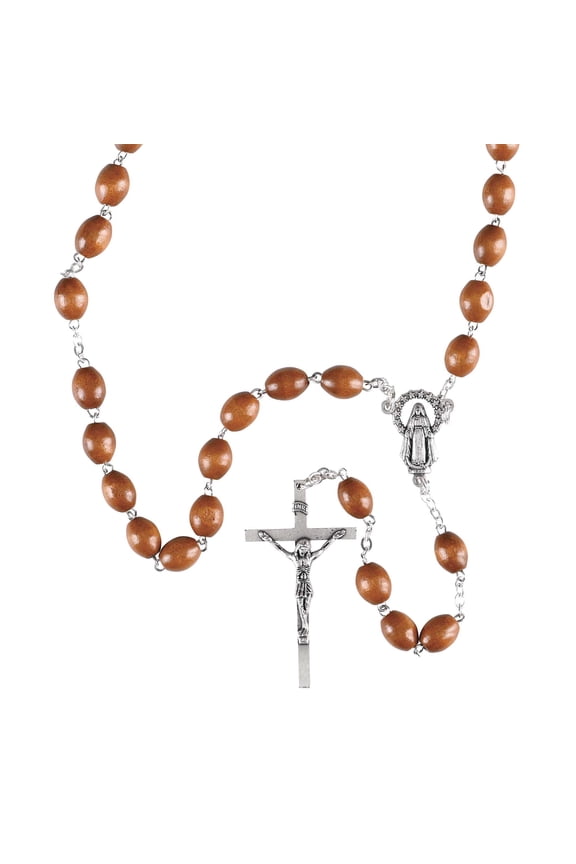 Round Natural Wood Bead Rosary Necklace with Metal Miraculous Medal 22 inch Catholic Prayer Beads for Men & Women Durable & Handcrafted Religious Giftable