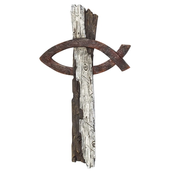 Dicksons Rustic Fish Cross Bar Brown 8 x 14 Resin Hanging Wall Cross